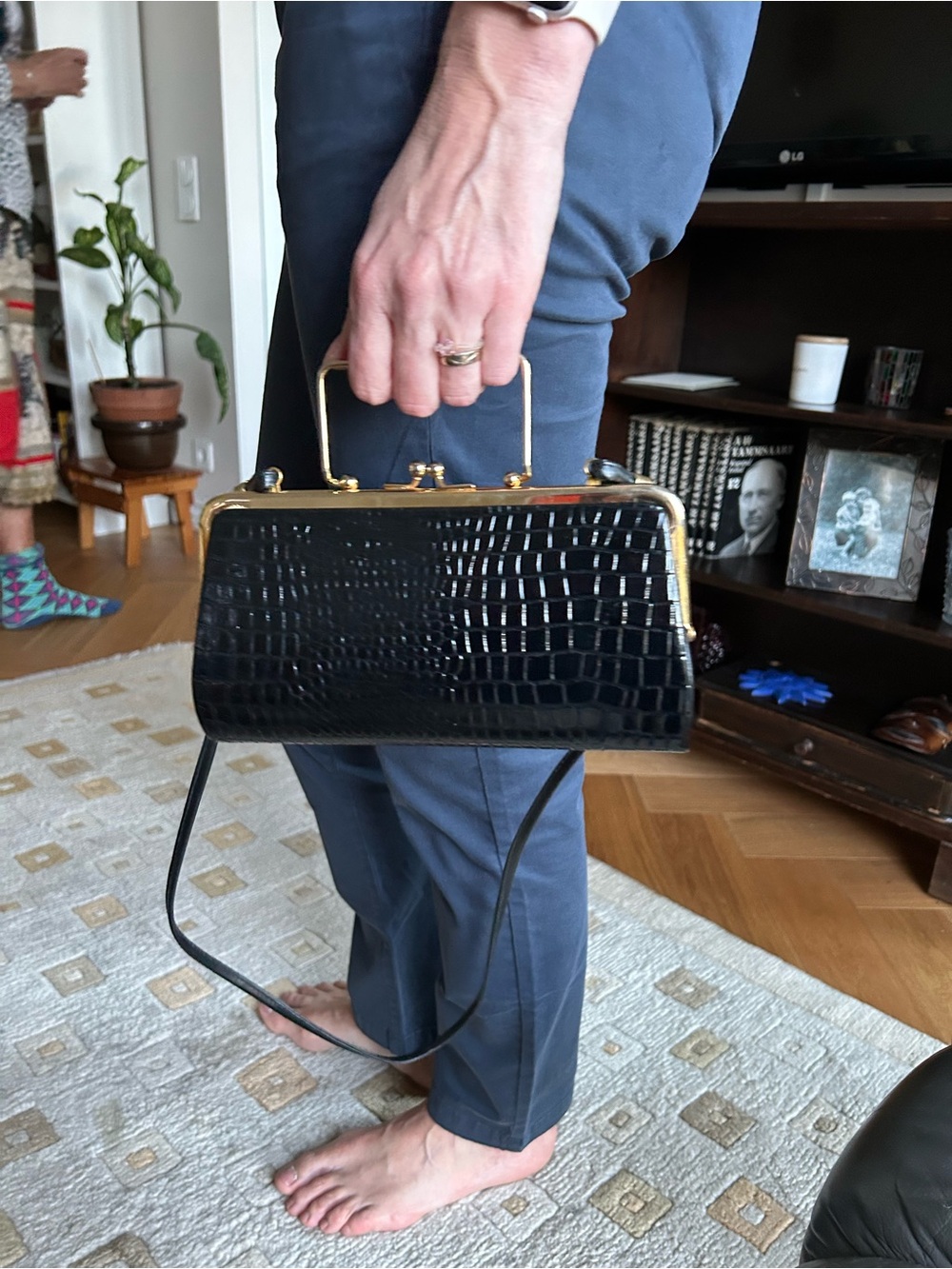 Vintage Black Croc-Embossed Leather Top-Handle Bag with Gold Hardware